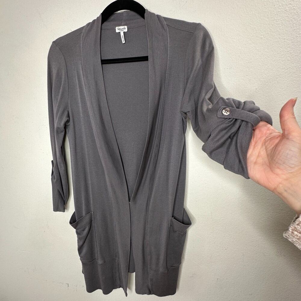Splendid Slate Gray Open-Front Roll Tab Sleeve Front Pocket Stretch Cardigan XS